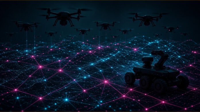 Swarm of small glowing drone silhouettes merging into one arrowhead formation slotting into a hexagonal hub