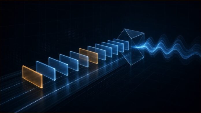 Dayforce to Buy AI Job Interviewer Ribbon AI | TSN Illustration of blank translucent cards, a few tinted amber, moving along a light track into a glass prism that emits a blue sound-wave ribbon