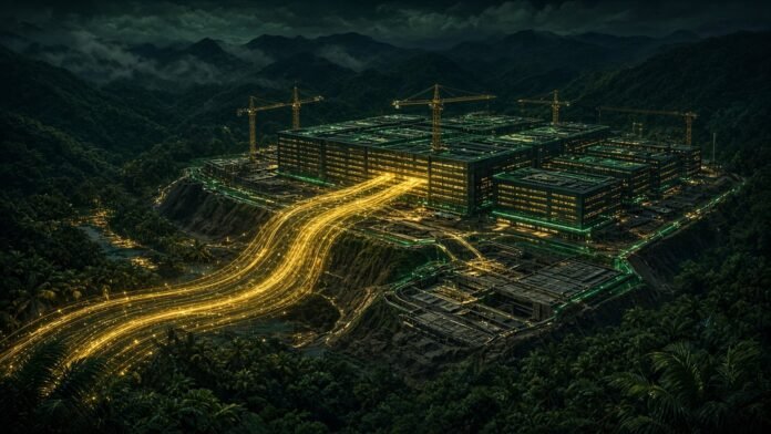DayOne Gets RM15bn More From 7 Banks for Johor Data Centres Seven glowing pillars converging on dark data-centre blocks in a tropical night with streams of light-coins