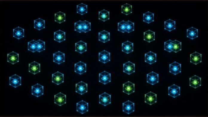 Illustration of a grid of glowing glass cubes, each holding a small node, with a few cubes duplicating into pairs.