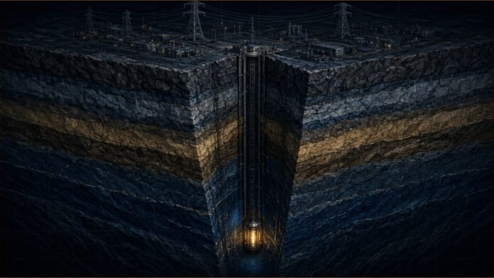 Deep Fission Signs 25-Year Kansas Nuclear Power Deal | TSN Illustration of a deep borehole through layered rock with a glowing capsule at the bottom and power lines on the surface.