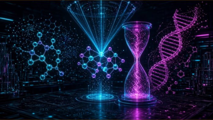 Glowing protein ribbon with a small molecule shape docking into a pocket on its surface
