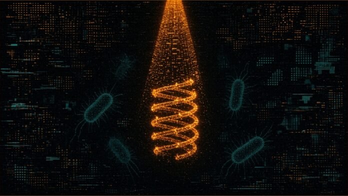 Glowing peptide helix selected by an AI agent lattice against a dark lab-grid background