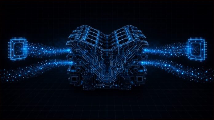 Illustration of an engine block made of glowing circuit traces, with particle streams flowing to two chip outlines.