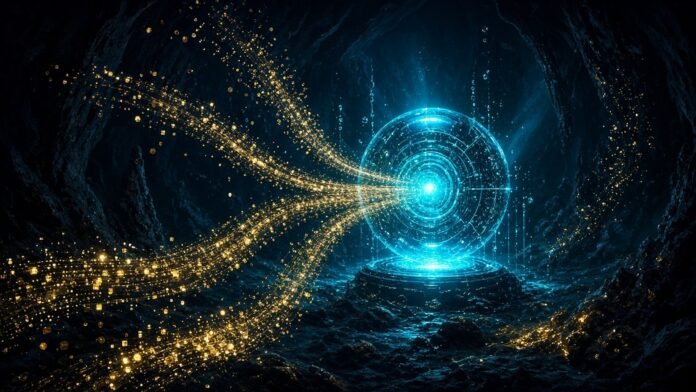 DeepSeek Nears 100bn-Yuan Round at 500bn Valuation: Caijing Glowing AI core in a dark abyss drawing in streams of golden capital