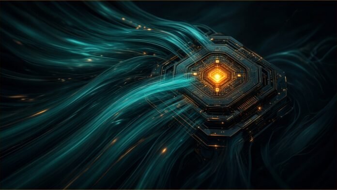Teal light streaks rushing into a compact glowing processor core.