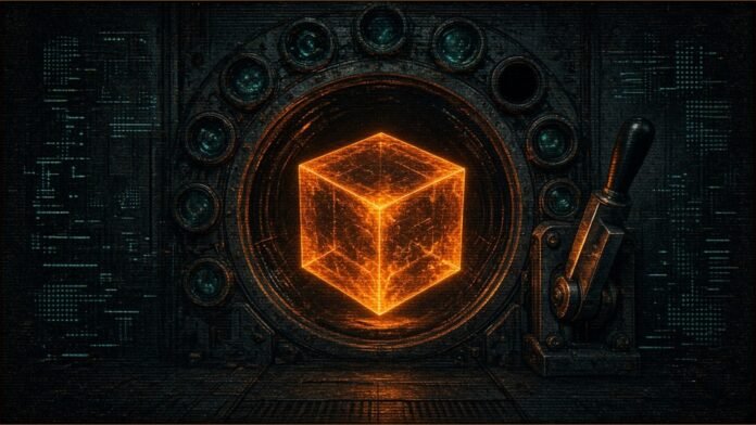 DeepSeek Model Safer, With Oversight Gaps, Tests Find | TSN Illustration of a glowing amber cube in a test chamber beside a half-pulled power switch, watched by monitoring lenses