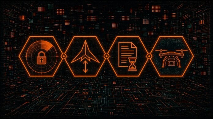 Four linked amber hexagon tiles: a radar arc with a padlock, a delta-wing outline above a vertical arrow, a document with an hourglass, and a small quad-rotor drone.