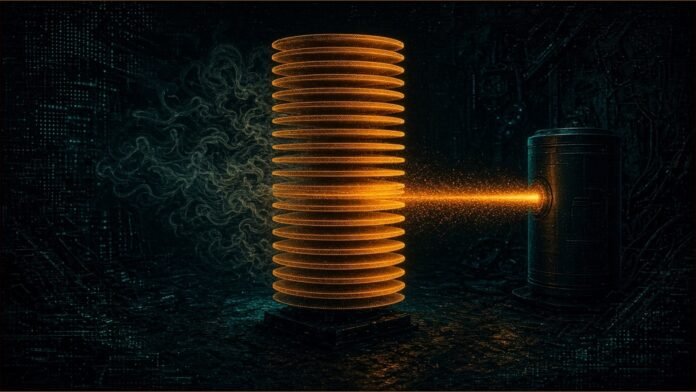 Illustration of a glowing stack of battery-like plates drawing in air and sending one bright stream into a canister