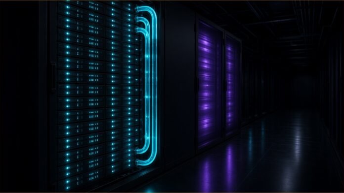 Dell Unveils 256-CPU Vera Server and Groq 3 Rack | TSN Illustration of a dark server aisle with a rack of glowing compute trays and cyan coolant pipes beside racks lit in violet