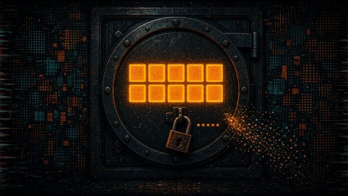 Symbol-only illustration of a glowing cyan vault door with a ten-digit number-block glyph and a flimsy magenta padlock hanging open, with particle streams leaving the vault on a dark circuit grid.