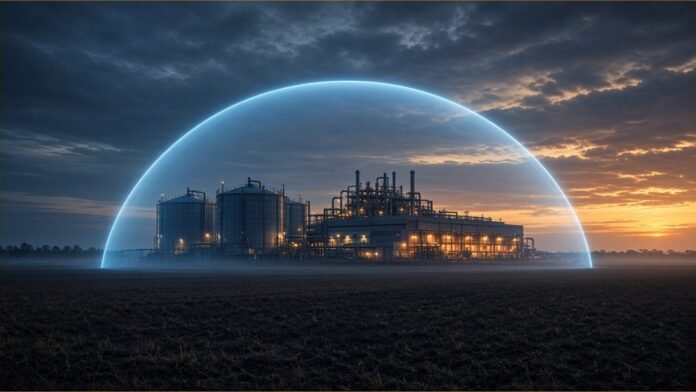 Illustration of an industrial plant with silos on flat farmland at dusk, enclosed by a glowing dome of light