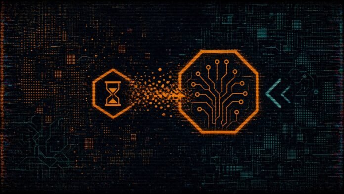 A small hexagon with an hourglass dissolving into a trail of dots that flows into a larger circuit-tree node beside an open bracket.