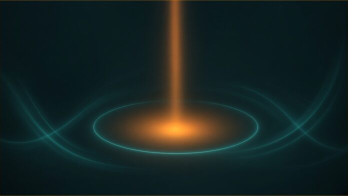Illustration of DEPA AI training concept in teal and amber: a slender amber beam of light descending into a still glowing amber pool held inside a thin teal ring, with faint teal ribbons curving around it.