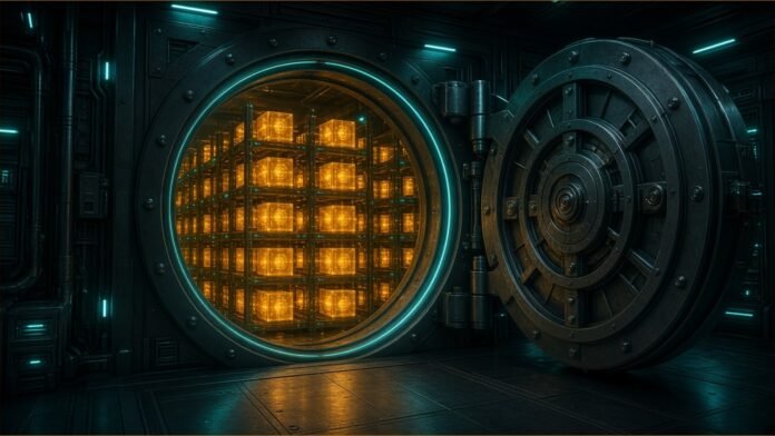 An open vault door revealing racks of glowing amber key cubes.