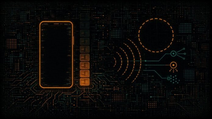 A glowing amber phone outline beside a stack of component tiles fading out, and a dashed ring emitting sound-wave arcs linked to small agent nodes.