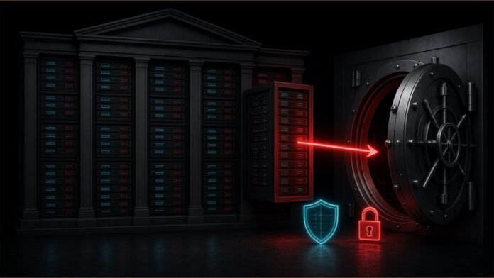 Illustration of a server rack being moved from a server-built building into a sealed vault.