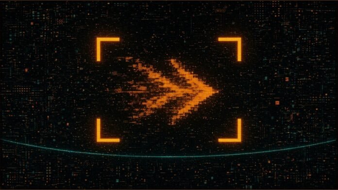 DIA Report Shows Image of China's Reusable Spaceplane | TSN Illustration of a grainy amber chevron shape caught inside a glowing viewfinder frame above a thin teal arc in the dark.