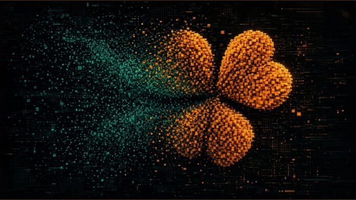 Illustration of a glowing amber three-lobed clover forming out of a cloud of scattered teal noise particles.