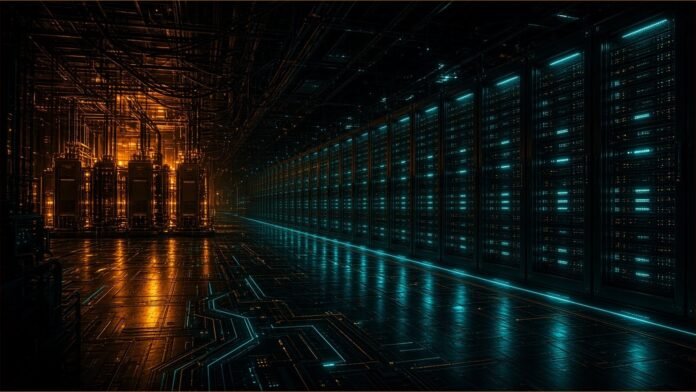 Stacked data hall blocks on a dark bay silhouette linked by a long segmented ribbon of light