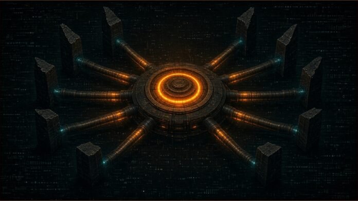 Illustration of a glowing central reservoir feeding about ten conduits that run out to separate dark nodes.