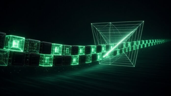 Ribbon of glowing text blocks, some masked out, entering a crystal prism that emits a single vector arrow