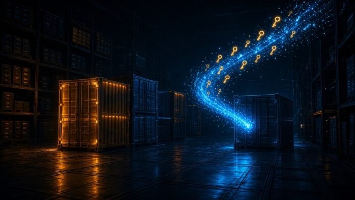 Docker Hub Flaw Gave Access Tokens to New Org Owners Glowing key sliding from one cube to a cluster of cubes beneath a broken chain