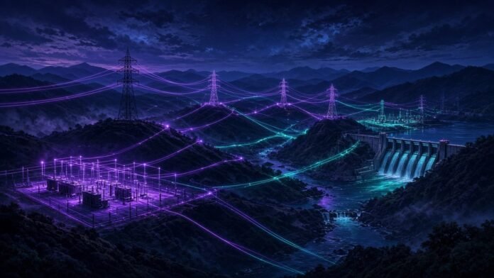 DOE Plans $250m for TVA Grid Projects Across Eight States Transmission towers glowing across a river valley at dusk