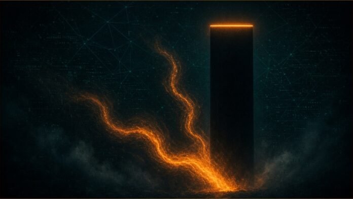 DOE Offers Constellation Conditional $5bn Nuclear Loan | TSN Illustration of a dark monolith glowing amber at its rim, with an extra current of light branching upwards from its base.