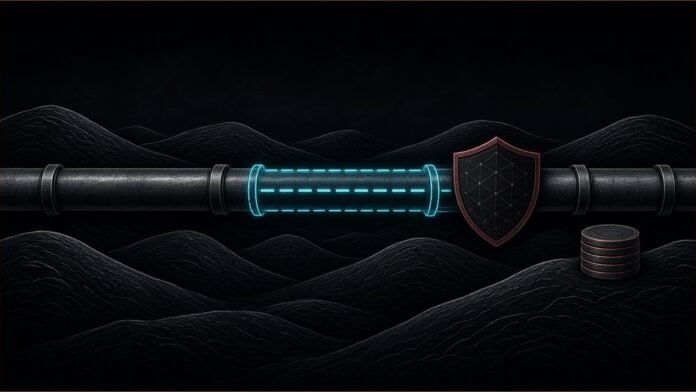 DOE Backs Constitution Pipeline With $42m DPA Funds | TSN Illustration of a gas pipeline across dark hills with a blueprint section, a shield and coins.