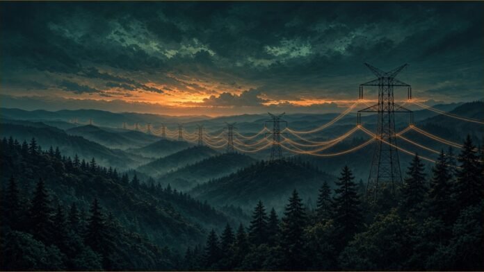 Transmission towers crossing forested hills at dusk.