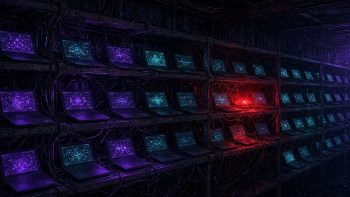 Rows of glowing laptops on shelves linked by red network lines in a dark room