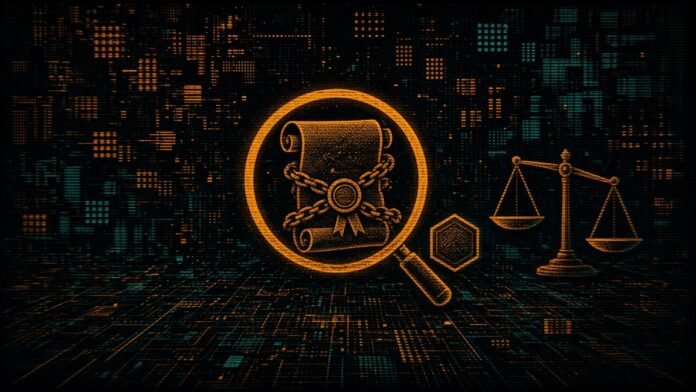 A magnifying glass over a chained, sealed scroll beside a coin hexagon and a level balance scale.