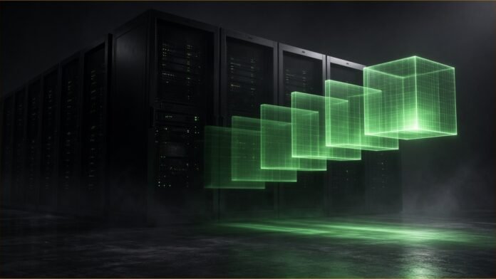 Domyn Opens Up Edge, a 4B Agentic Model | TSN Illustration of a glowing green cube emerging in translucent stages from a row of supercomputer racks