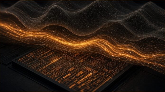doubleAI Maxwell Optimises Code as It Runs | TSN Illustration of a flowing stream of light passing over a processor die.