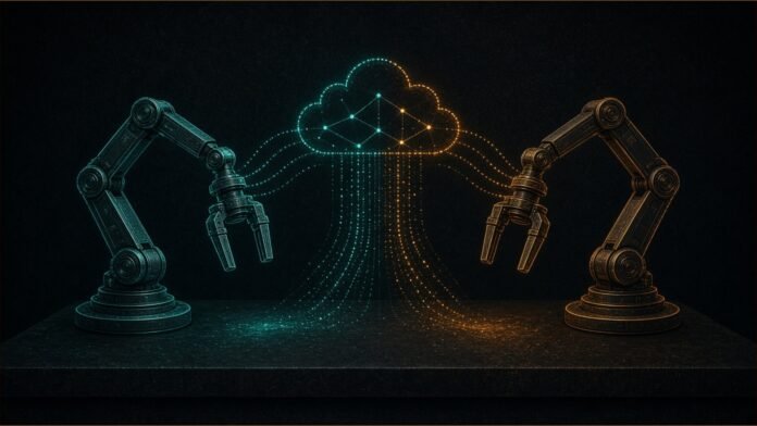 Illustration of two robot arms with grippers linked by a glowing data stream to a cloud node.