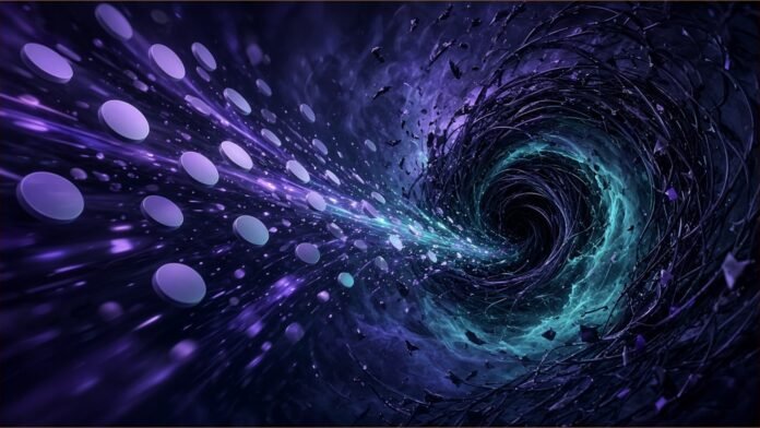 Illustration of blank glowing coins streaming into a dark swirling vortex of tangled cables.