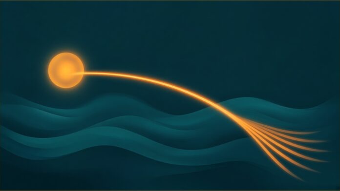 Illustration of drone lab deliveries concept in teal and amber: a glowing amber orb sending a bright amber arc of light over rolling teal contours like hills, fanning out into short amber ribbons at the far end.