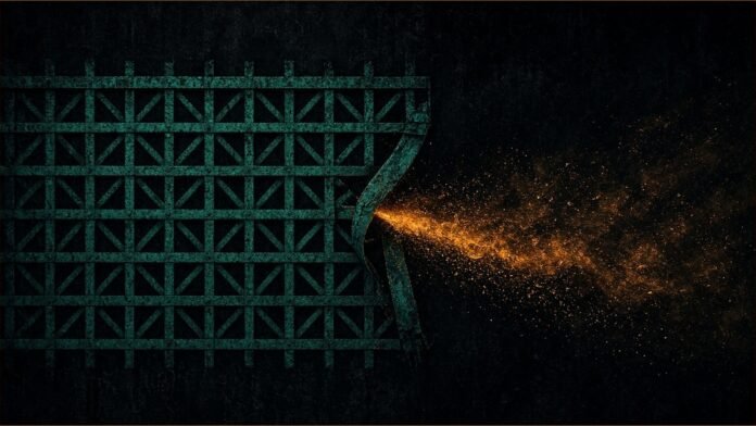 Drupal Commerce Access Bypass Exploited in the Wild | TSN Illustration of Drupal Commerce concept in teal and amber: a teal lattice gate with one bar bent aside and an amber stream of particles slipping through the gap.