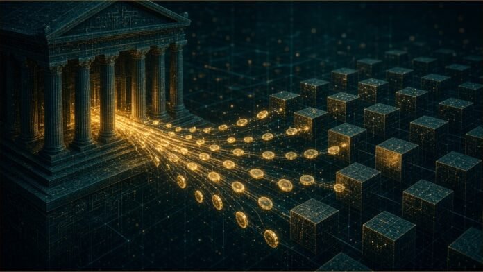 Glowing tokens flow from a classical ledger building into a grid of digital blocks.