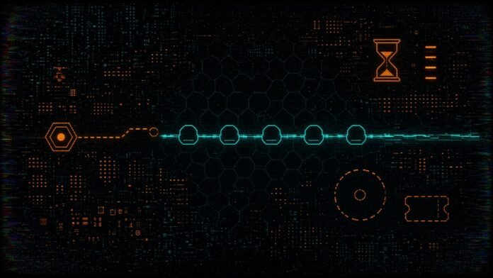 Symbol-only illustration of a row of five pods on a glowing guideway with sensor arcs, a hexagon station joined by a dashed line with a gap, an hourglass with four tally bars, and an empty dashed gauge dial and ticket outline.