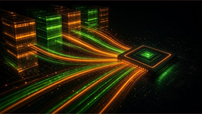 Data columns streaming orange and green light lines into a single chip.