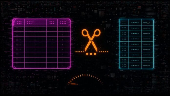 Symbol-only illustration of a wide padded table glyph beside a slim packed one, with an orange scissors-and-ellipsis cut marker between them and a fuel-gauge glyph that has barely moved.