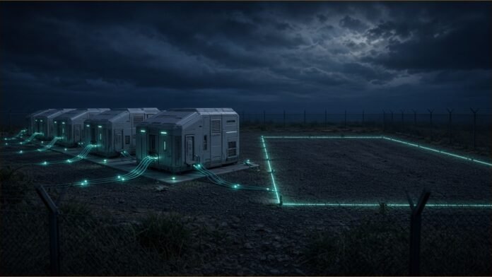 Illustration of a row of modular data centre pods linked by glowing cables at night, beside an empty fenced plot outlined in light