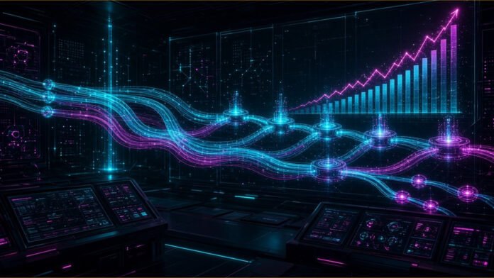 Row of disconnected grey system blocks linked by a single glowing circuit line