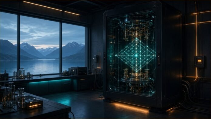 Illustration: annealing chip lattice landing at a lakeside villa outline labelled installation-not-live; indigo and silver.