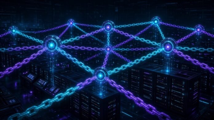 DXC Partners With LangChain, Licenses LangSmith for OASIS Glowing chain-linked AI agent nodes above server racks