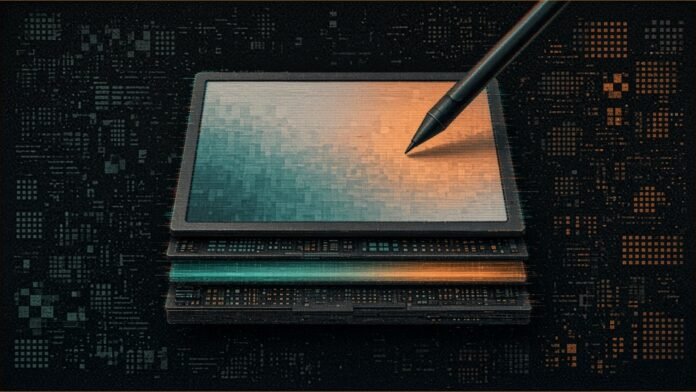 Colour ePaper tablet panel glowing with kaleidoscopic colour tiles on a dark circuit field