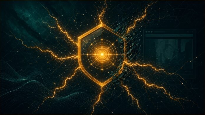 A glowing hexagonal shield around a network node, with amber lightning channels and a faint browser window held back.