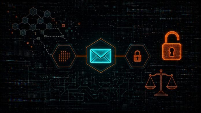 Symbol-only illustration of an envelope between two linked hexagon nodes, a half-open padlock and scales of justice, with a broken dashed link toward a distant hexagon cluster.
